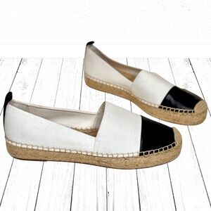 J. CREW White Black Leather Espadrilles Cap Toe Canvas Shoes Flats Resort 10.5